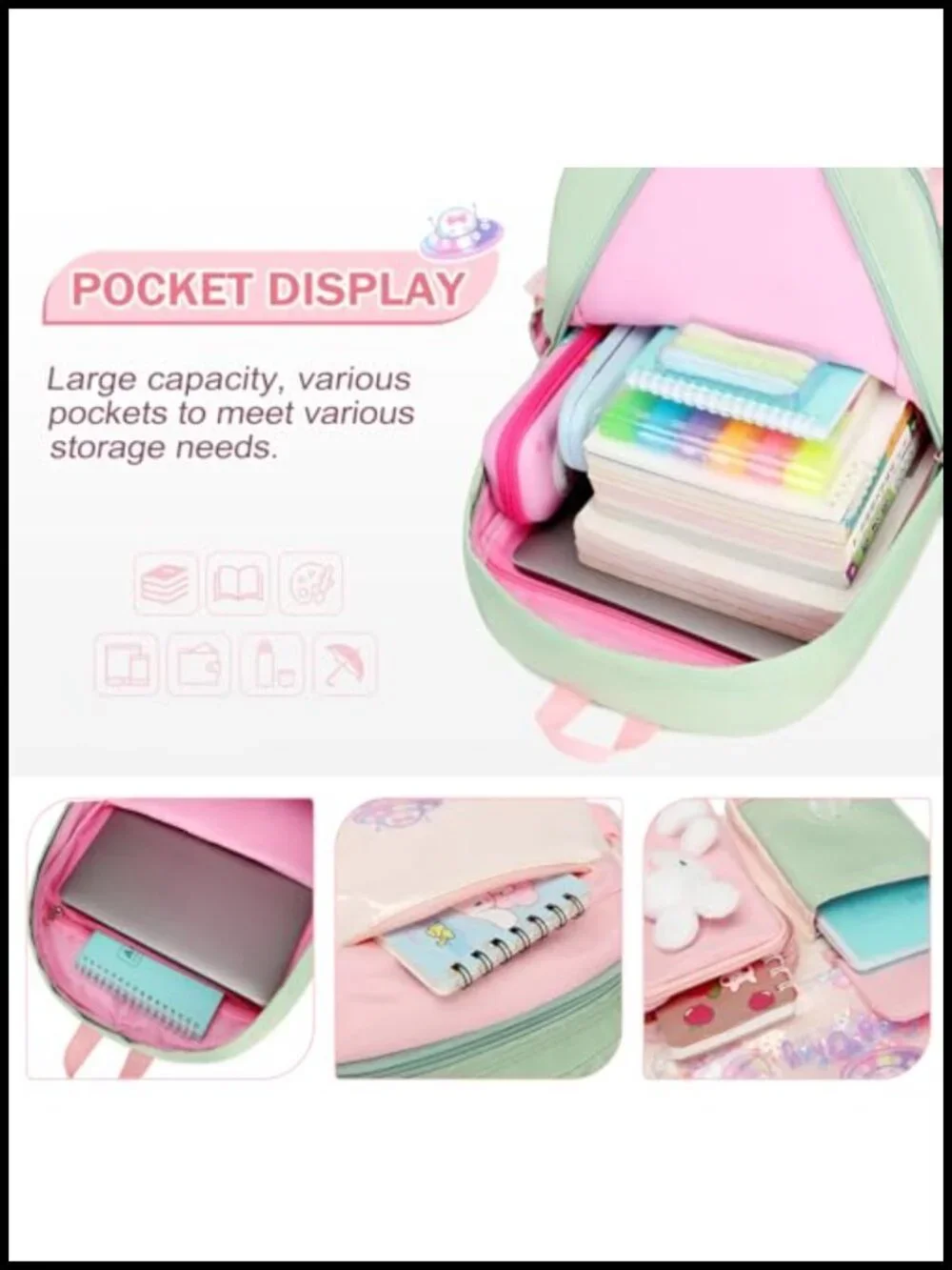 Girls Backpack Set with Lunch Box & Pencil Case, Kawaii Bunny School Bookbag,